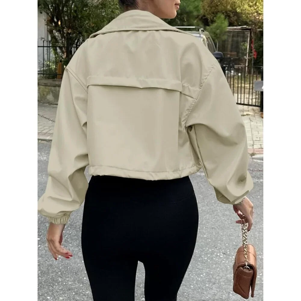 Womens Beige  Tankaneo Cropped Jacket Zip Up Oversized Utility Anorak Coat - Picture 4 of 4